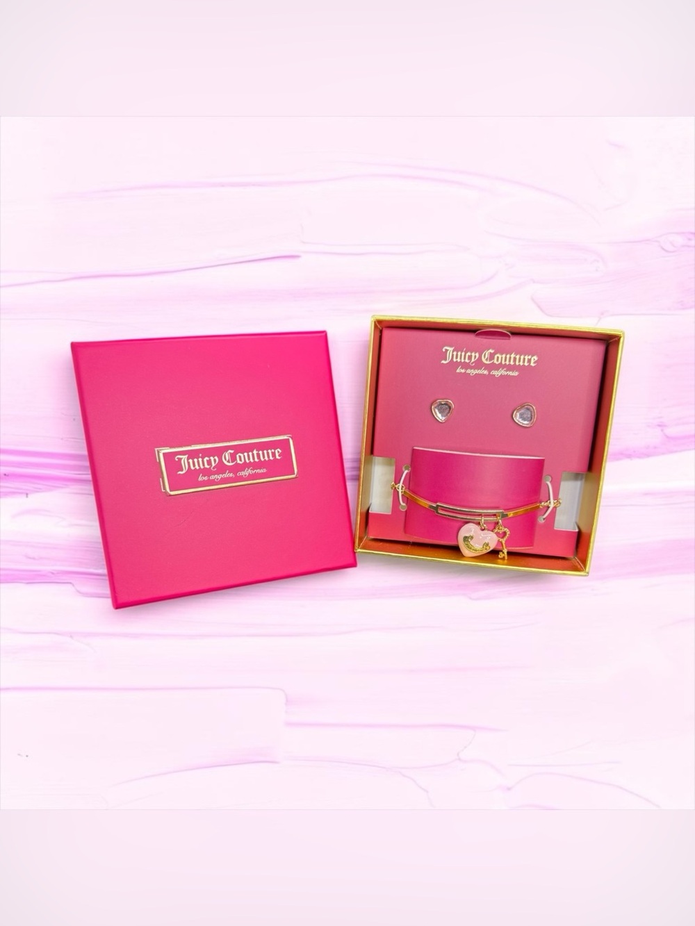 💕JUICY COUTURE💕Pink Enamel & Gold-Tone Heart & Key Charm Bracelet & Studs Set